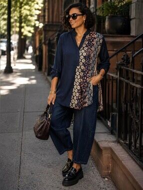 Chico's Navy Tunic Jacket with Cream & Blush Print Panel